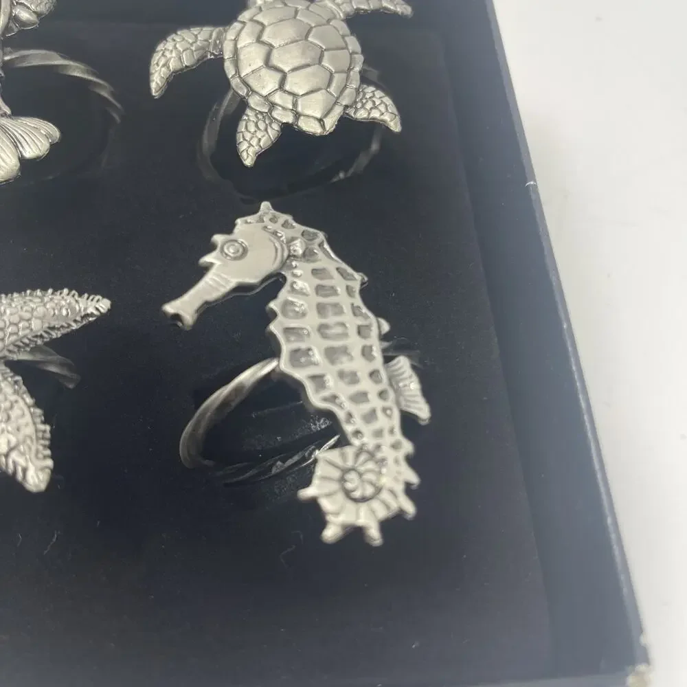 Pewter Napkin Rings Lobster Turtle Starfish Seahorse Set 4 Nautical Sealife New